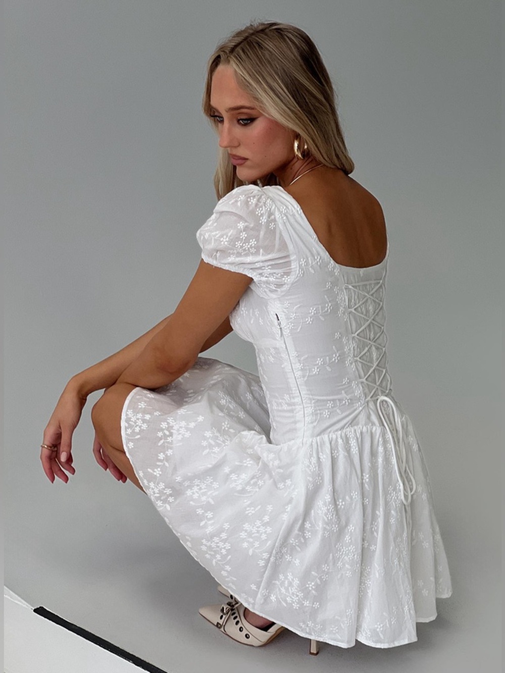 NEW Princess Polly Lethia Corset Mini Dress White Puff Sleeve Lace Up Cotton - Picture 2 of 11